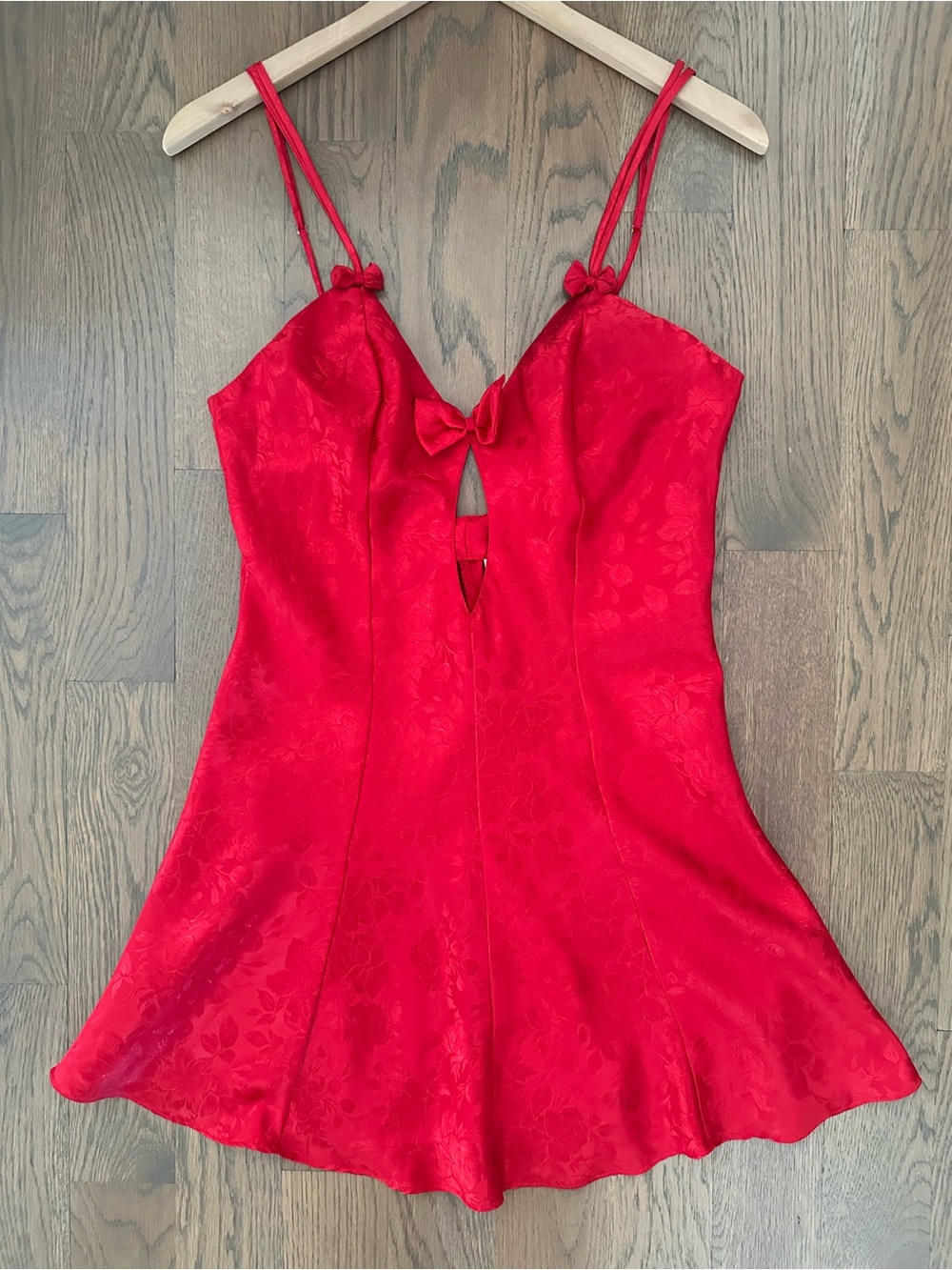 Vintage Frederick's of Hollywood Floral Satin Bow Detail Slip in Red Small